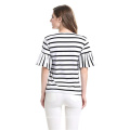 2019 Women Ruffles Sleeve Casual T Shirt Striped Black and White O Neck Summer Spring T-shirt Woman Clothes Tee Shirts Tops